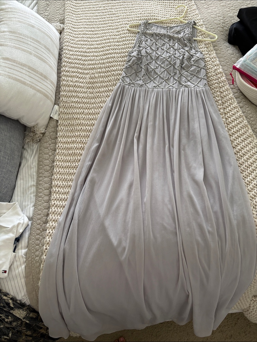 Adrianna Papell Chiffon Prom/Bridesmaid Halter Maxi Dress in Light Gray/Silver
